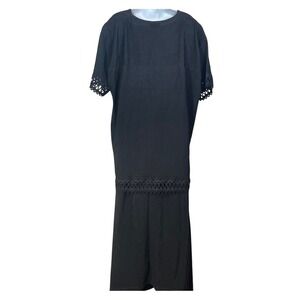 Superline USA Black Crinkle 2pc Eyelet Cutout Tunic & Maxi Skirt‎ vintage USA